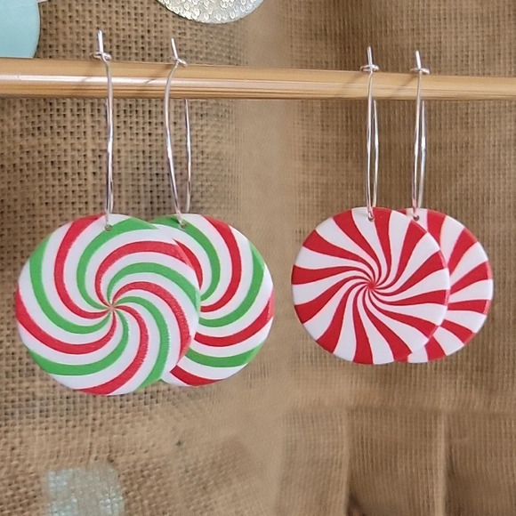 PEPPERMINT CANDY HOOP DROP EARRINGS, Choice of Color - Picture 2 of 7
